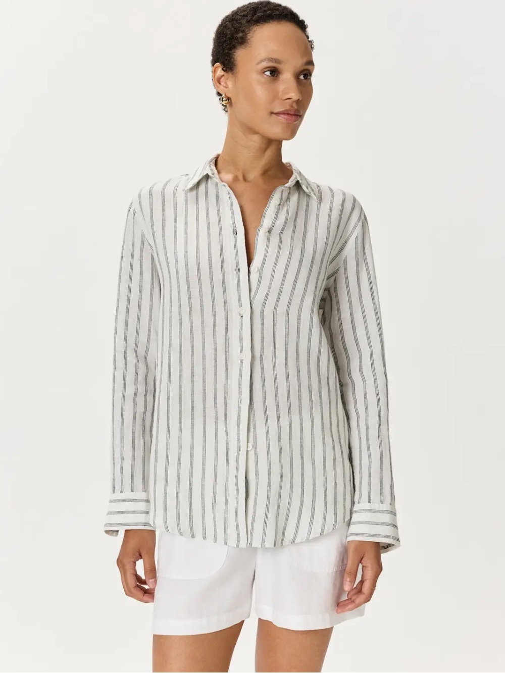 Quince 100% European Linen Long Sleeve Shirt in Oatmeal/Black Stripe XS Coastal